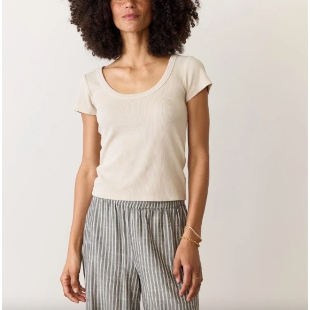 Marine Layer Lexi Ribbed Scoop Neck Tee Tan Beige Minimalist Luxury Top | Size M